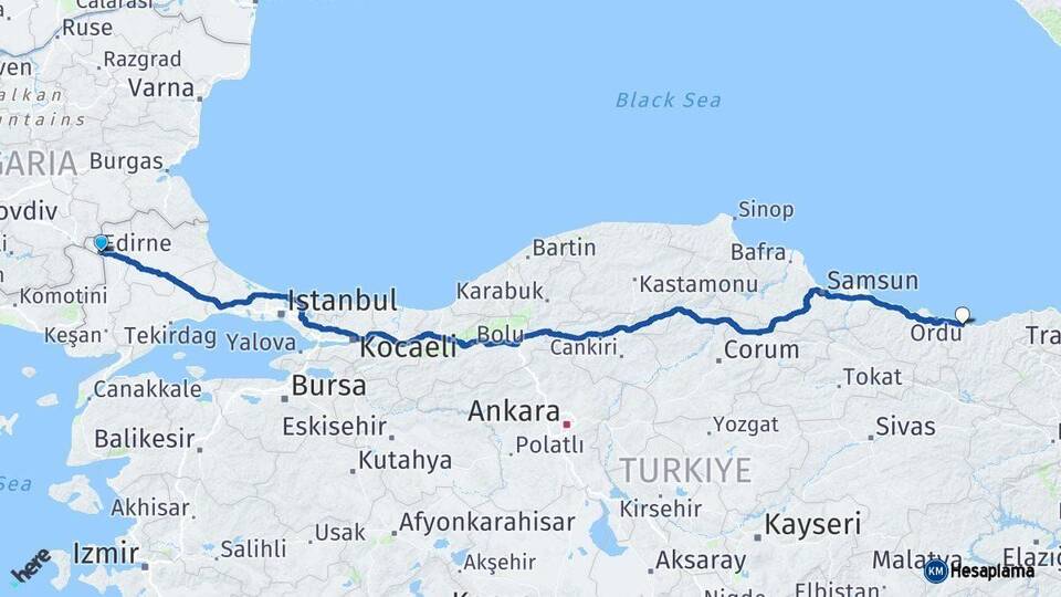 Edirne Bulancak Giresun Arası Kaç Km - Yol Haritası
