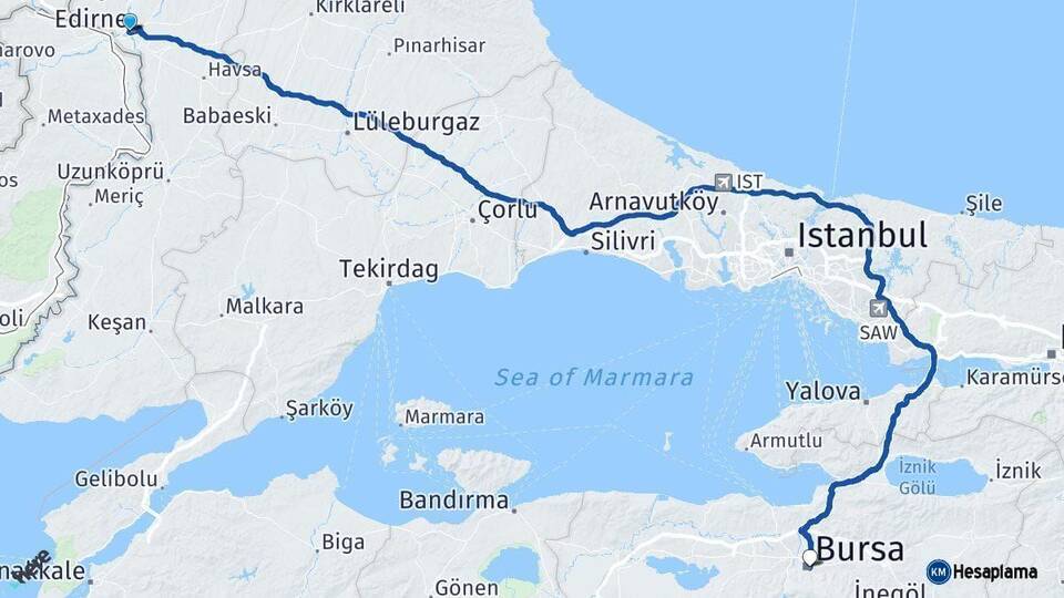 Edirne Bursa Arası Kaç Km - Yol Haritası
