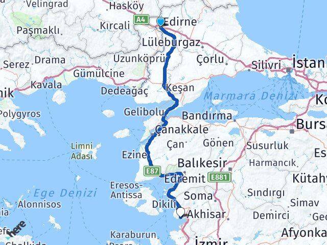 Edirne Çandarlı Dikili İzmir Arası Kaç Km - Yol Haritası