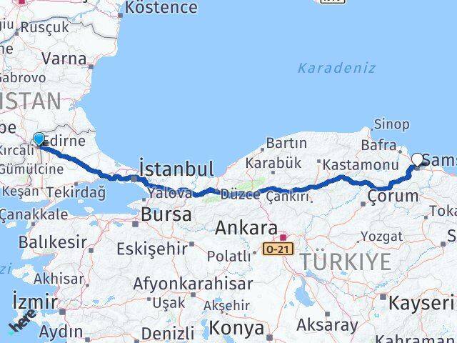 Edirne Canik Samsun Arası Kaç Km - Yol Haritası