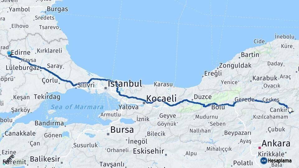 Edirne Çankırı Arası Kaç Km - Yol Haritası
