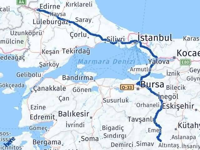 Edirne Çavdarhisar Kütahya Arası Kaç Km - Yol Haritası