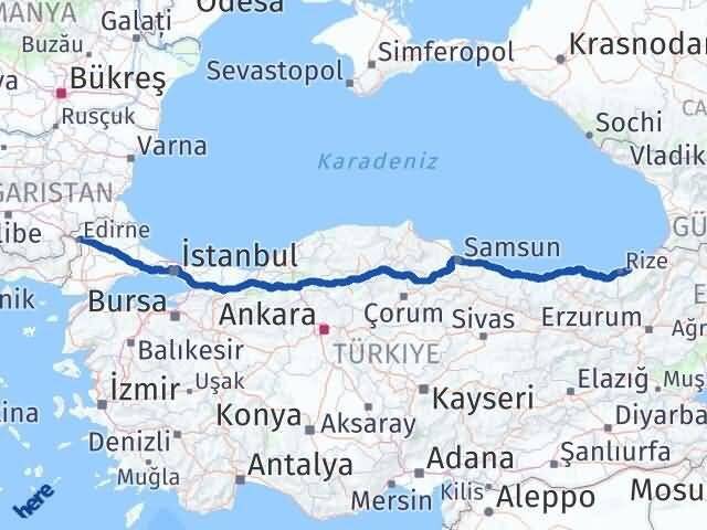 Edirne Çayeli Rize Arası Kaç Km - Yol Haritası