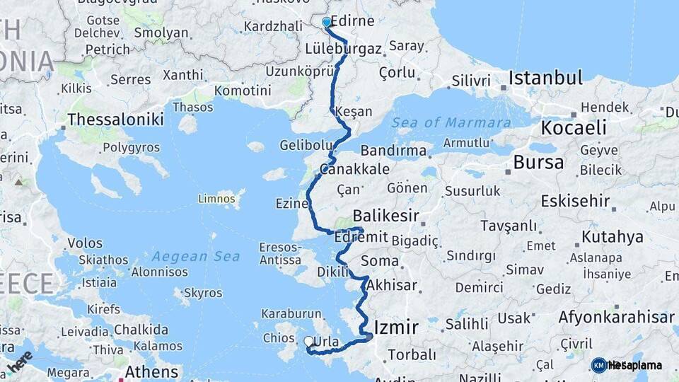 Edirne Çeşme İzmir Arası Kaç Km - Yol Haritası