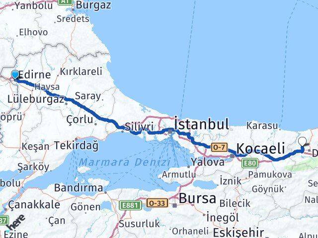 Edirne Çilimli Düzce Arası Kaç Km - Yol Haritası