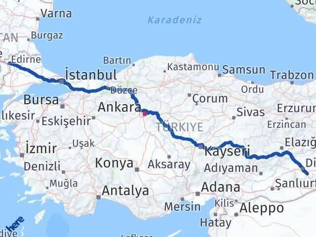 Edirne Çınar Diyarbakır Arası Kaç Km - Yol Haritası