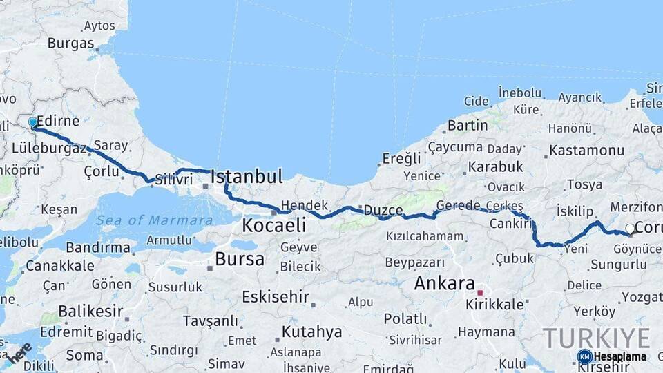 Edirne Çorum Arası Kaç Km - Yol Haritası