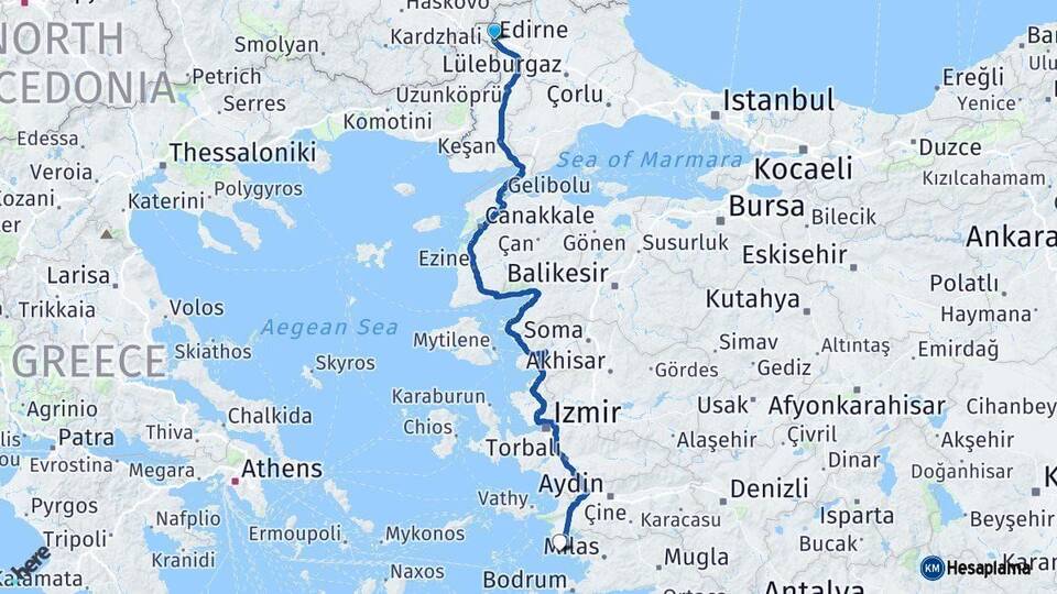 Edirne Didim Aydın Arası Kaç Km - Yol Haritası