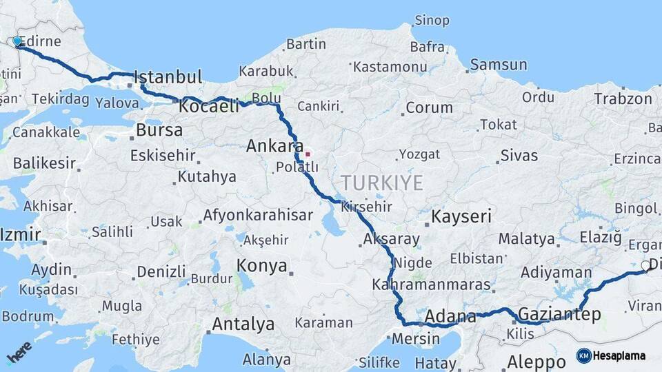 Edirne Diyarbakır Arası Kaç Km - Yol Haritası