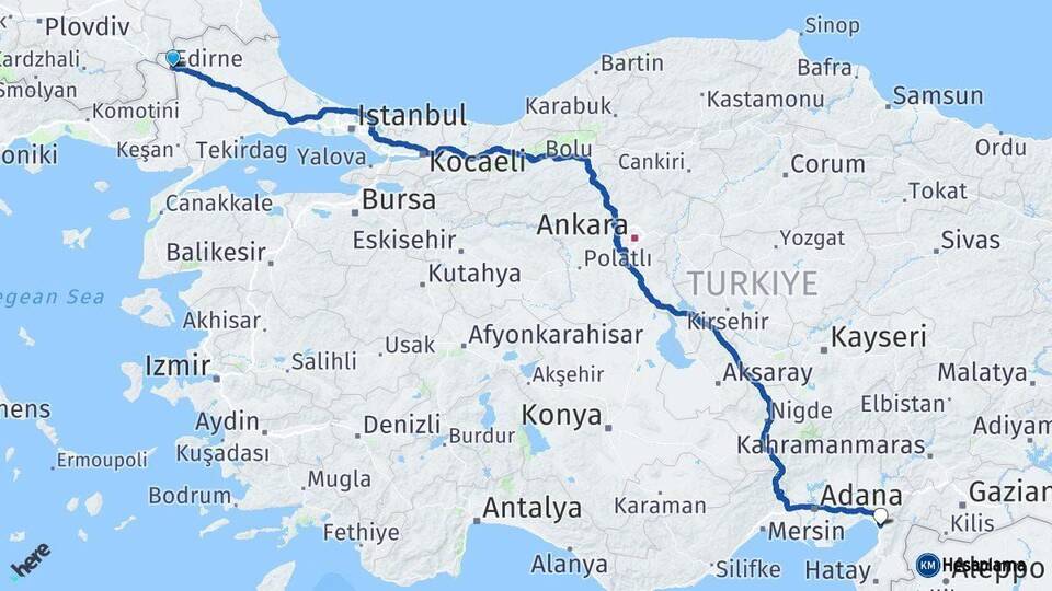 Edirne Dörtyol Hatay Arası Kaç Km - Yol Haritası