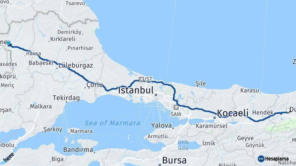 Edirne Düzce Arası Kaç Km - Yol Haritası