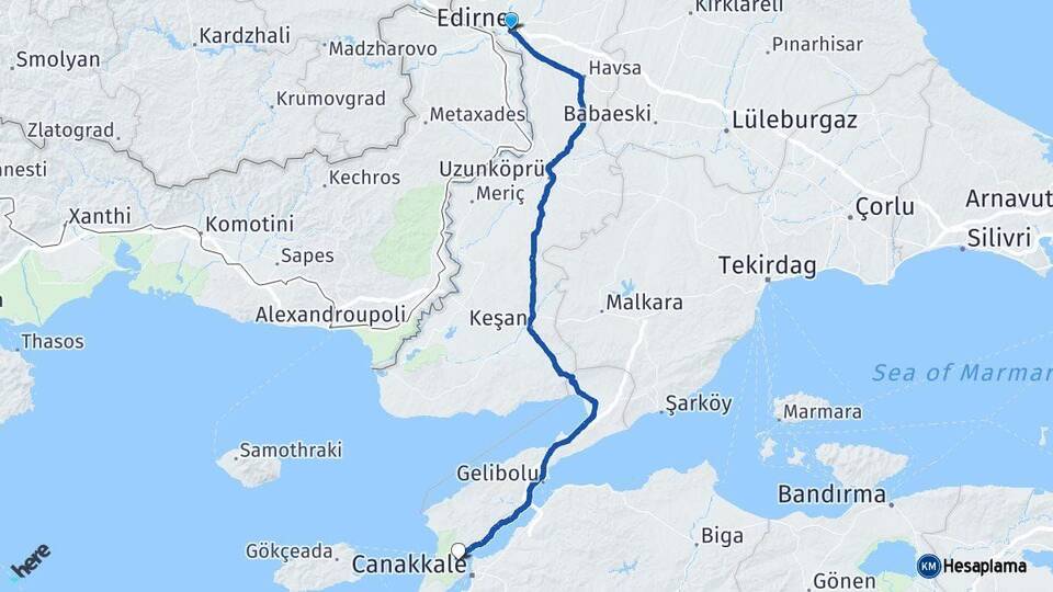 Edirne Eceabat Çanakkale Arası Kaç Km - Yol Haritası