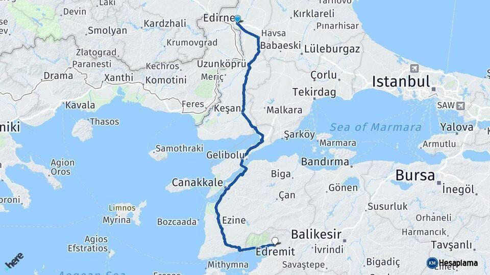 Edirne Edremit Balıkesir Arası Kaç Km - Yol Haritası