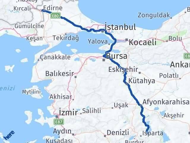 Edirne Eğirdir Isparta Arası Kaç Km - Yol Haritası
