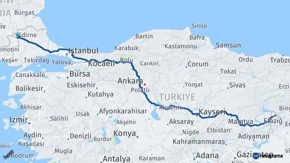 Edirne Elazığ Arası Kaç Km - Yol Haritası