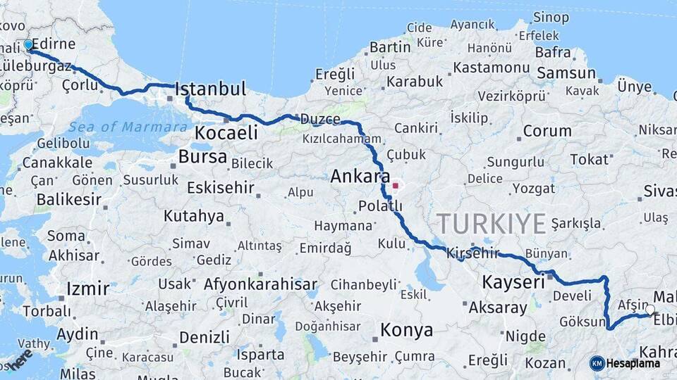 Edirne Elbistan Kahramanmaraş Arası Kaç Km - Yol Haritası