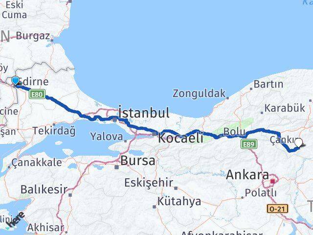 Edirne Eldivan Çankırı Arası Kaç Km - Yol Haritası