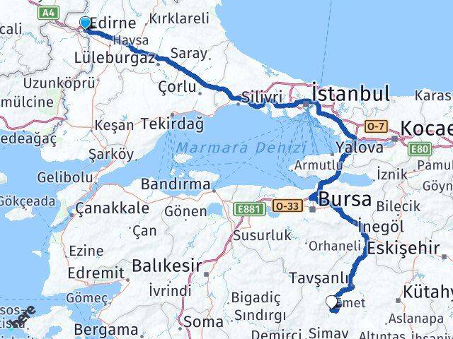 Edirne Emet Kütahya Arası Kaç Km - Yol Haritası