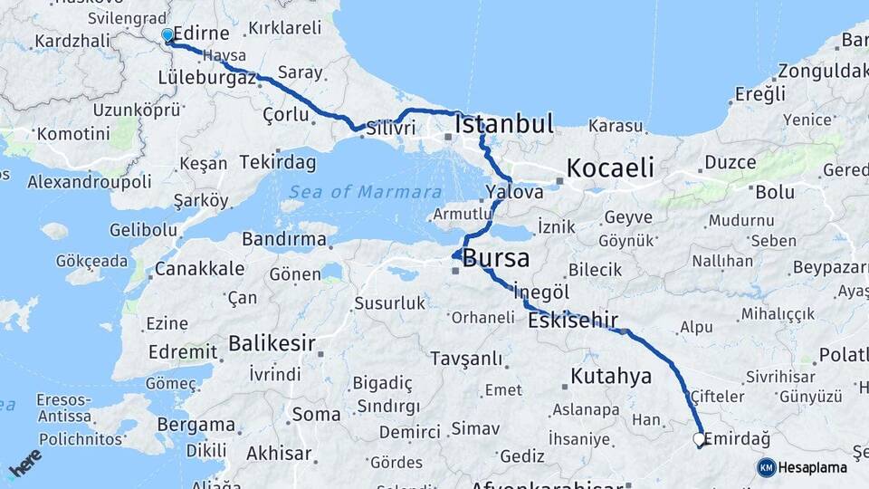 Edirne Emirdağ Afyonkarahisar Arası Kaç Km - Yol Haritası