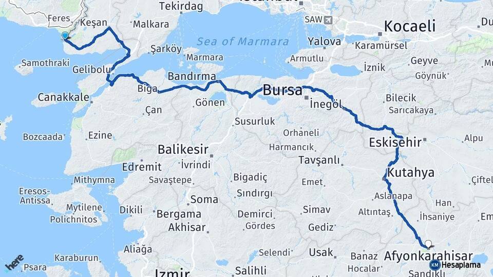 Edirne Enez Afyonkarahisar Arası Kaç Km - Yol Haritası