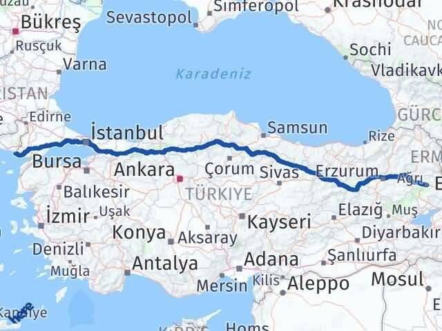 Edirne Enez Ağrı Arası Kaç Km - Yol Haritası