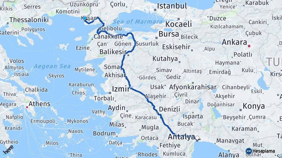 Edirne Enez Antalya Arası Kaç Km - Yol Haritası