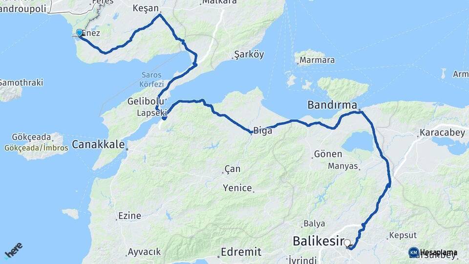 Edirne Enez Balıkesir Arası Kaç Km - Yol Haritası