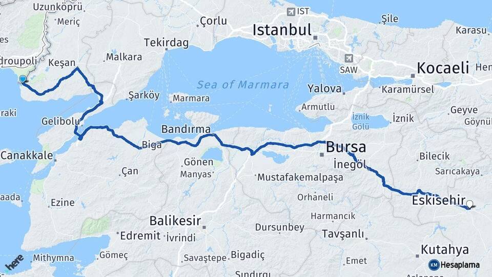 Edirne Enez Eskişehir Arası Kaç Km - Yol Haritası