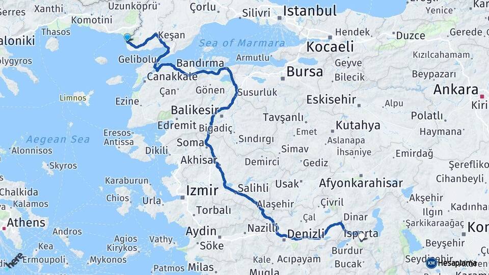 Edirne Enez Isparta Arası Kaç Km - Yol Haritası