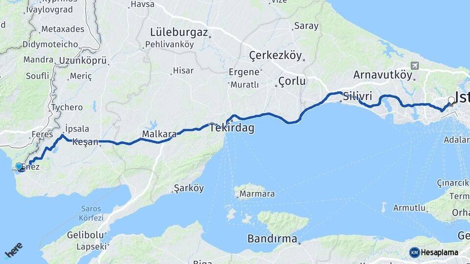 Edirne Enez İstanbul Arası Kaç Km - Yol Haritası