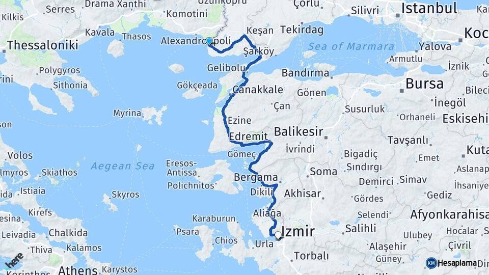 Edirne Enez İzmir Arası Kaç Km - Yol Haritası