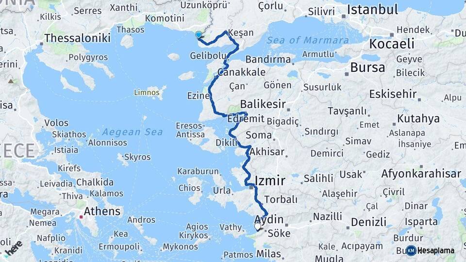 Edirne Enez Kuşadası Aydın Arası Kaç Km - Yol Haritası