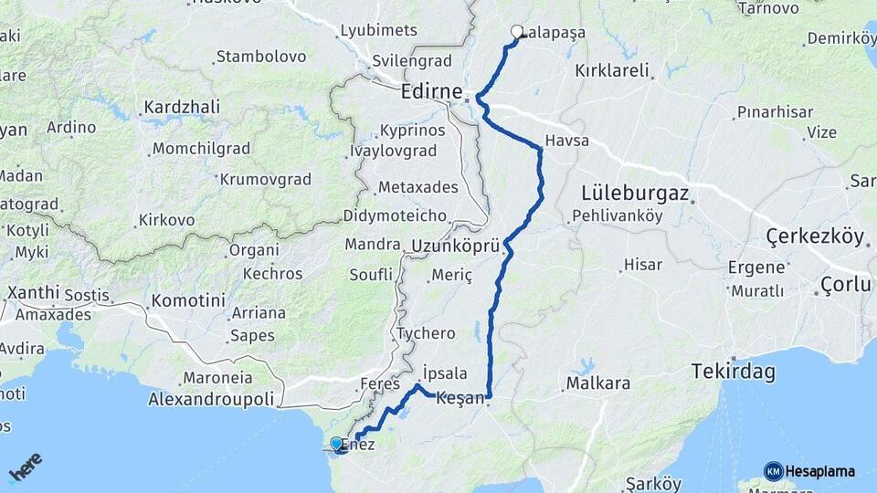 Edirne Enez Lalapaşa Arası Kaç Km - Yol Haritası