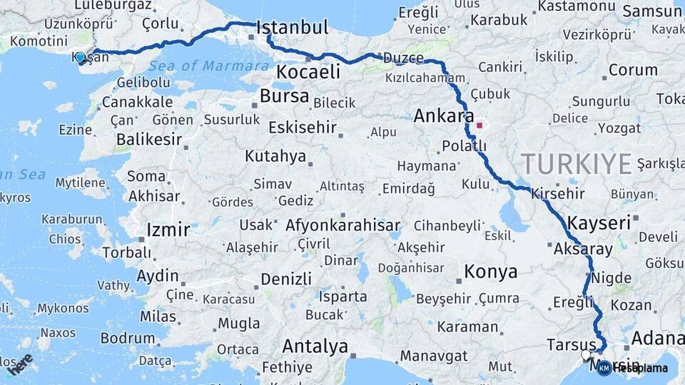 Edirne Enez Mersin Arası Kaç Km - Yol Haritası