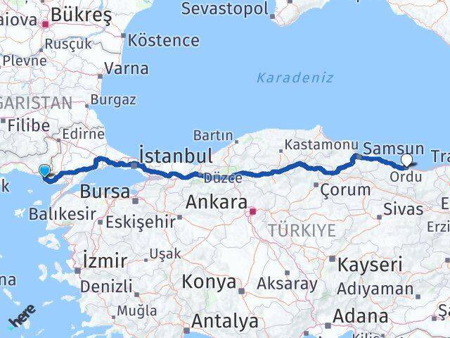 Edirne Enez Ordu Arası Kaç Km - Yol Haritası