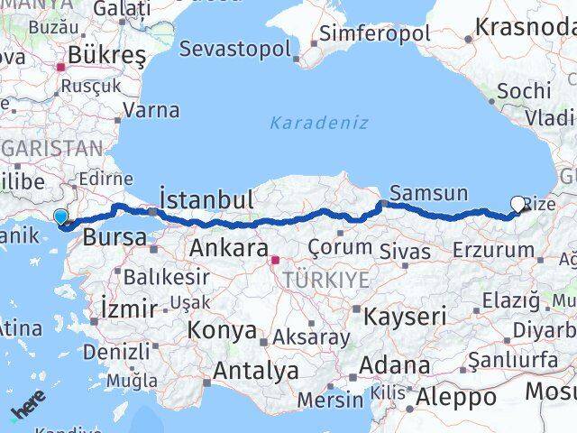 Edirne Enez Rize Arası Kaç Km - Yol Haritası