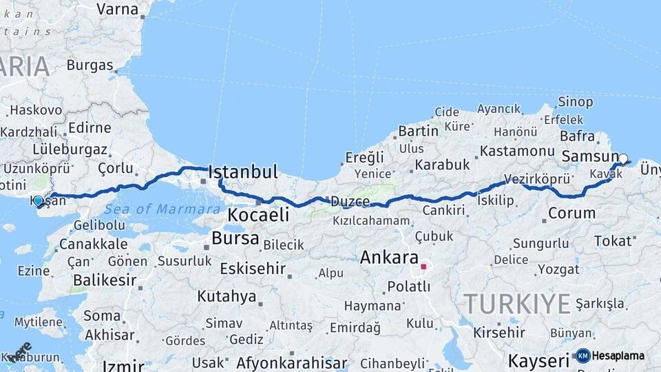 Edirne Enez Samsun Arası Kaç Km - Yol Haritası