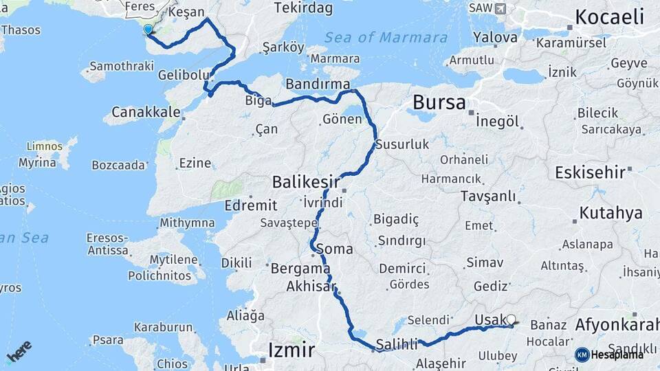 Edirne Enez Uşak Arası Kaç Km - Yol Haritası