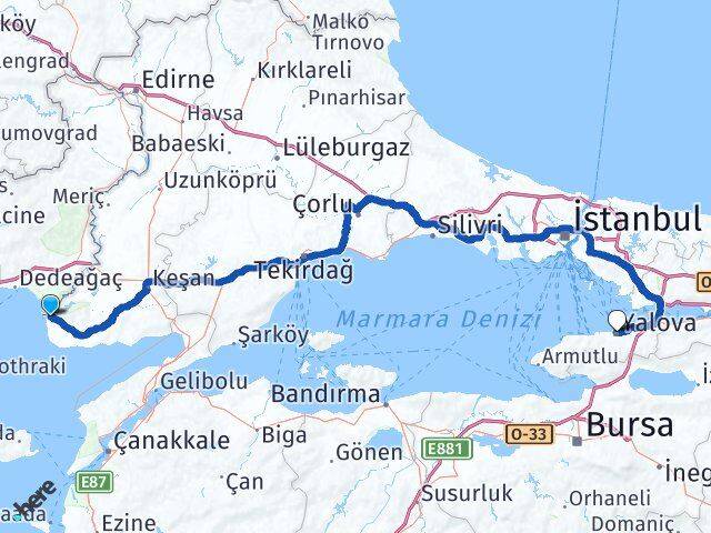 Edirne Enez Yalova Arası Kaç Km - Yol Haritası