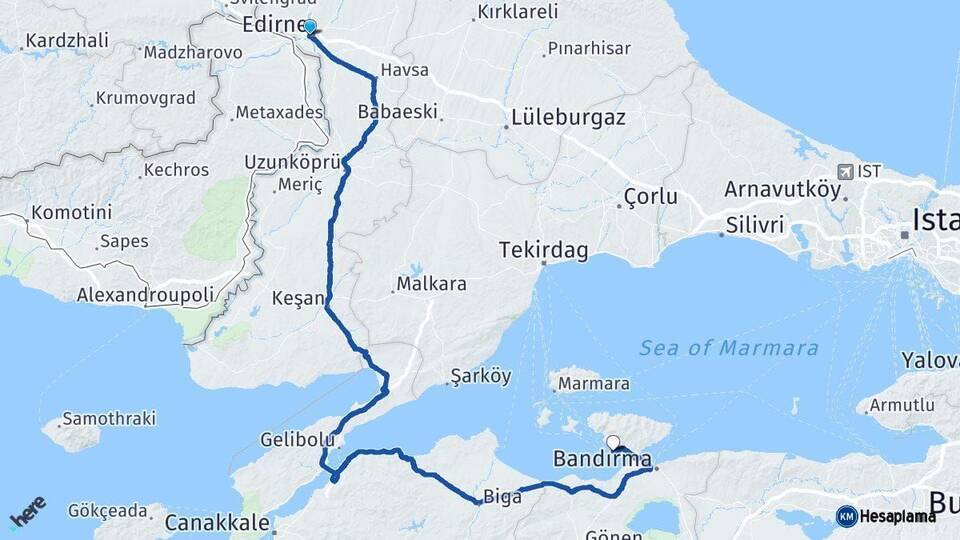 Edirne Erdek Balıkesir Arası Kaç Km - Yol Haritası