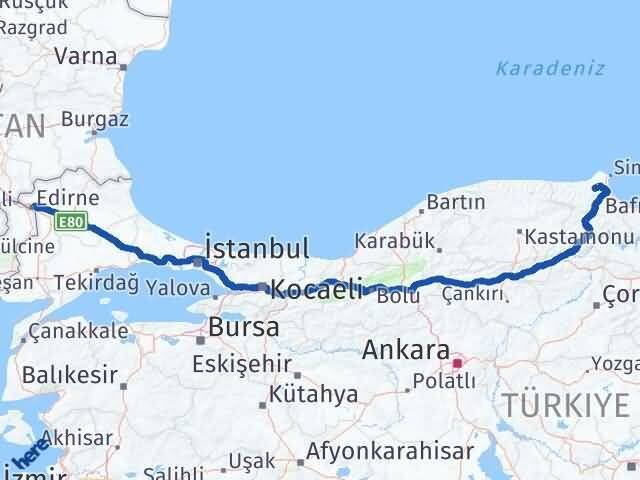 Edirne Erfelek Sinop Arası Kaç Km - Yol Haritası