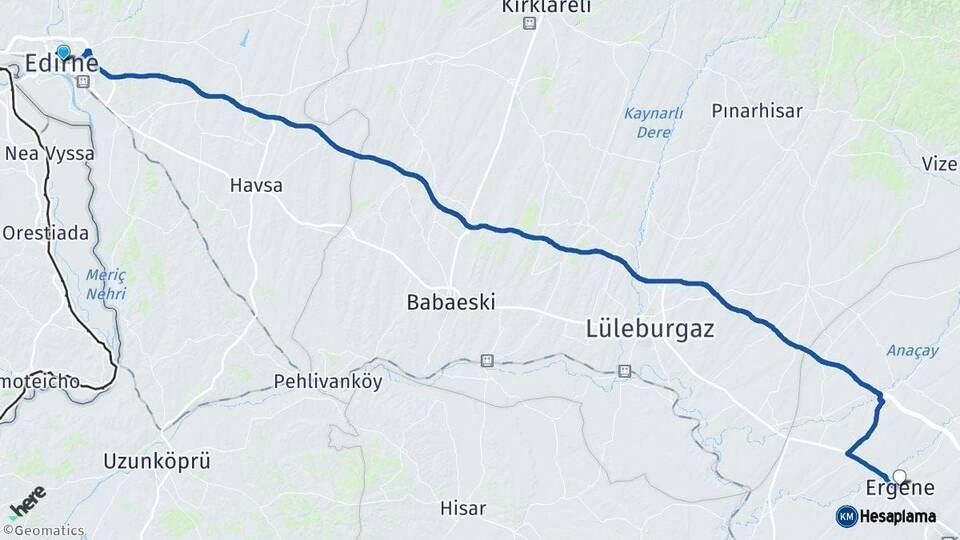 Edirne Ergene Tekirdağ Arası Kaç Km - Yol Haritası