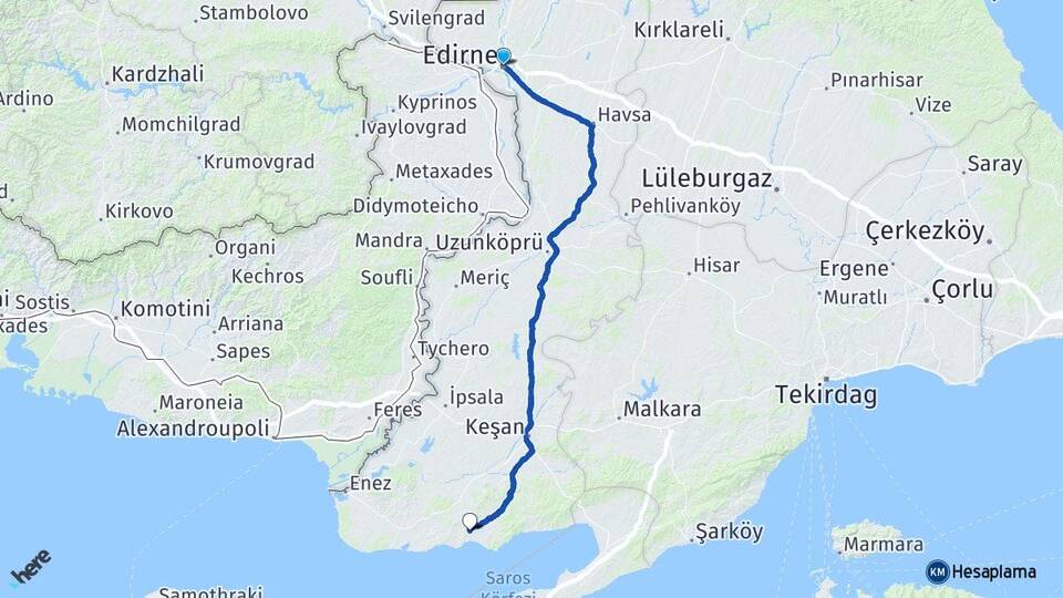 Edirne Erikli Keşan Arası Kaç Km - Yol Haritası