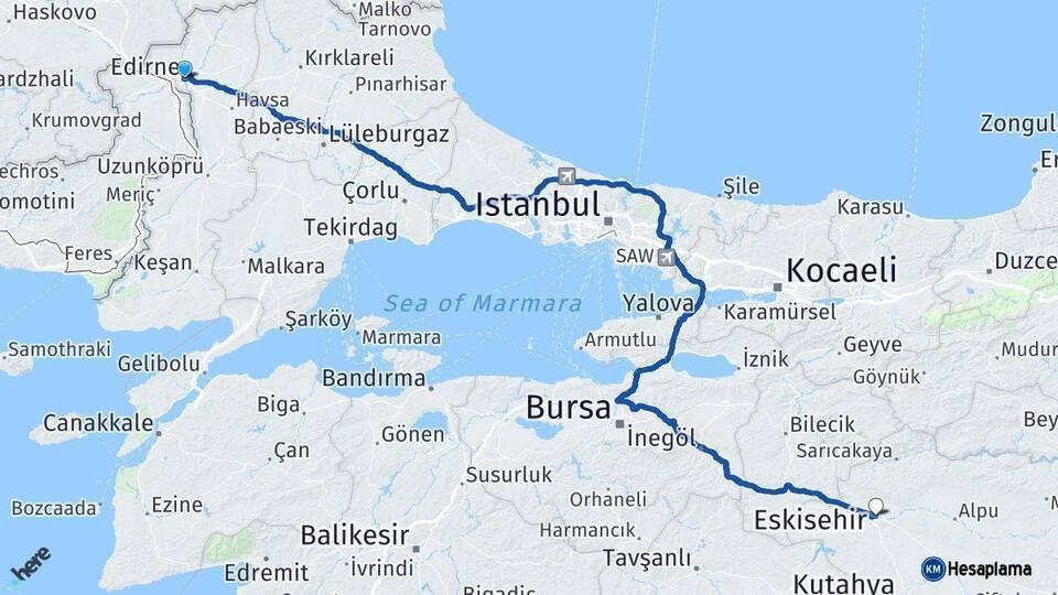 Edirne Eskişehir Arası Kaç Km - Yol Haritası
