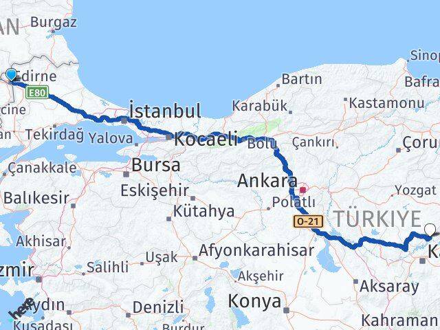 Edirne Felahiye Kayseri Arası Kaç Km - Yol Haritası