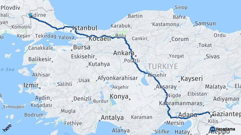 Edirne Gaziantep Arası Kaç Km - Yol Haritası