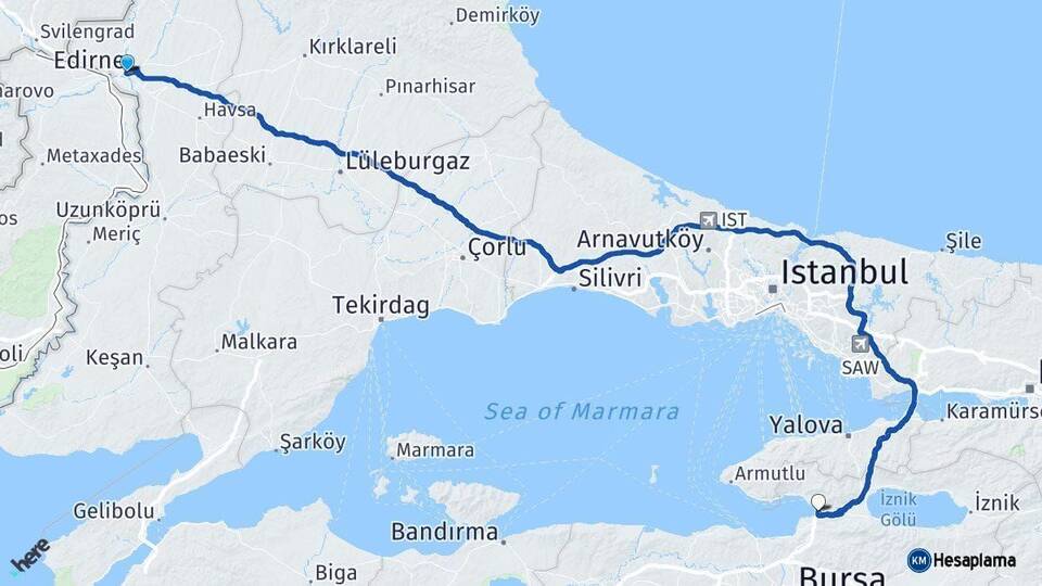 Edirne Gemlik Bursa Arası Kaç Km - Yol Haritası