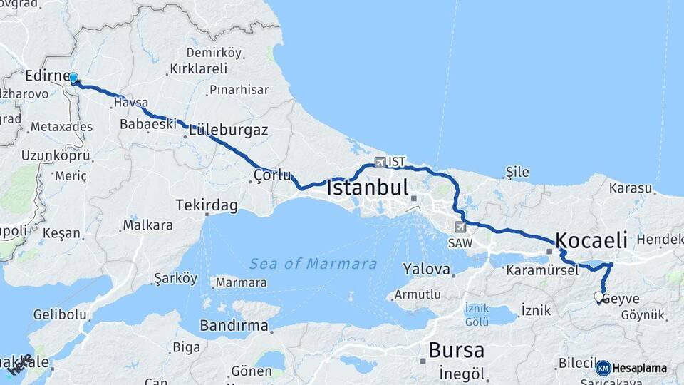 Edirne Geyve Sakarya Arası Kaç Km - Yol Haritası