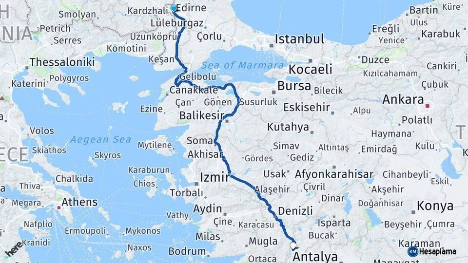 Edirne Gölhisar Burdur Arası Kaç Km - Yol Haritası