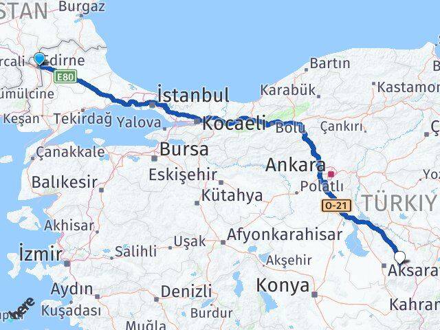 Edirne Gülağaç Aksaray Arası Kaç Km - Yol Haritası